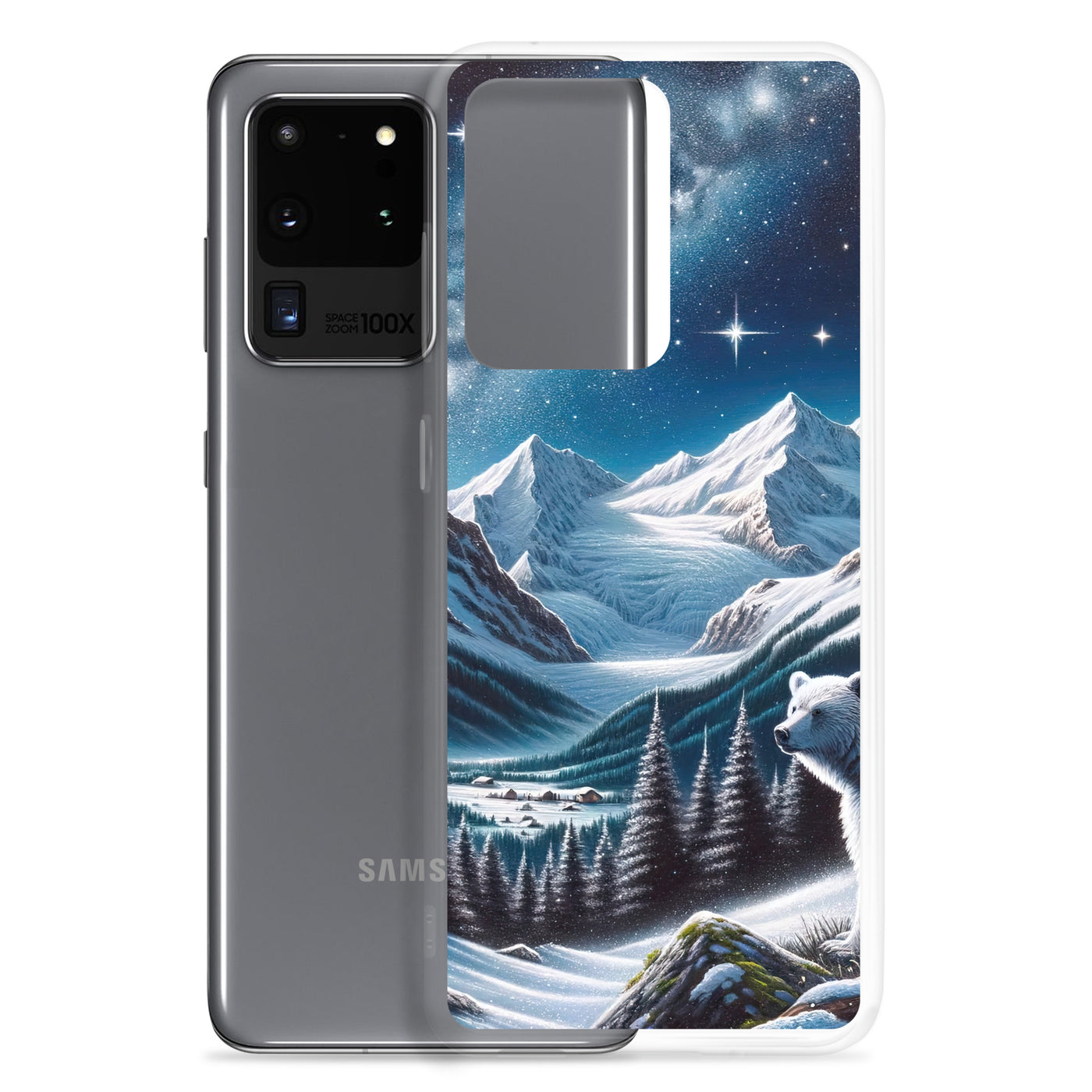 Sternennacht und Eisbär: Acrylgemälde mit Milchstraße, Alpen und schneebedeckte Gipfel - Samsung Schutzhülle (durchsichtig) camping xxx yyy zzz