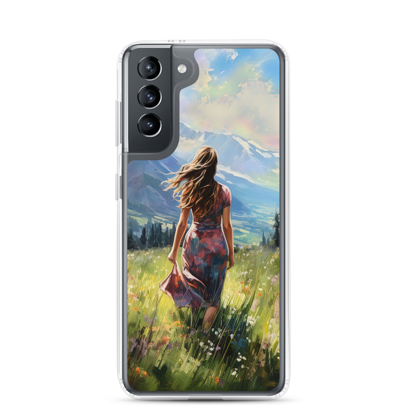 Frau mit langen Kleid im Feld mit Blumen - Berge im Hintergrund - Malerei - Samsung Schutzhülle (durchsichtig) berge xxx Samsung Galaxy S21