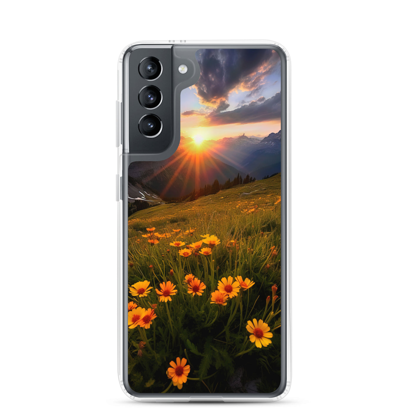 Gebirge, Sonnenblumen und Sonnenaufgang - Samsung Schutzhülle (durchsichtig) berge xxx Samsung Galaxy S21