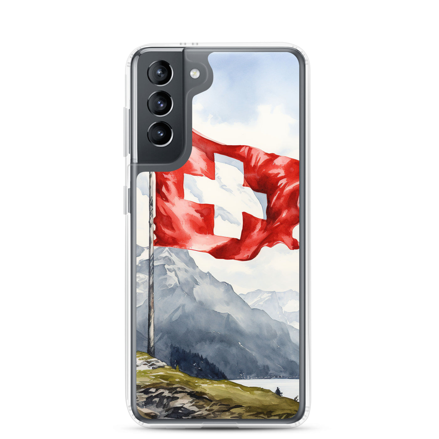 Schweizer Flagge und Berge im Hintergrund - Epische Stimmung - Malerei - Samsung Schutzhülle (durchsichtig) berge xxx Samsung Galaxy S21
