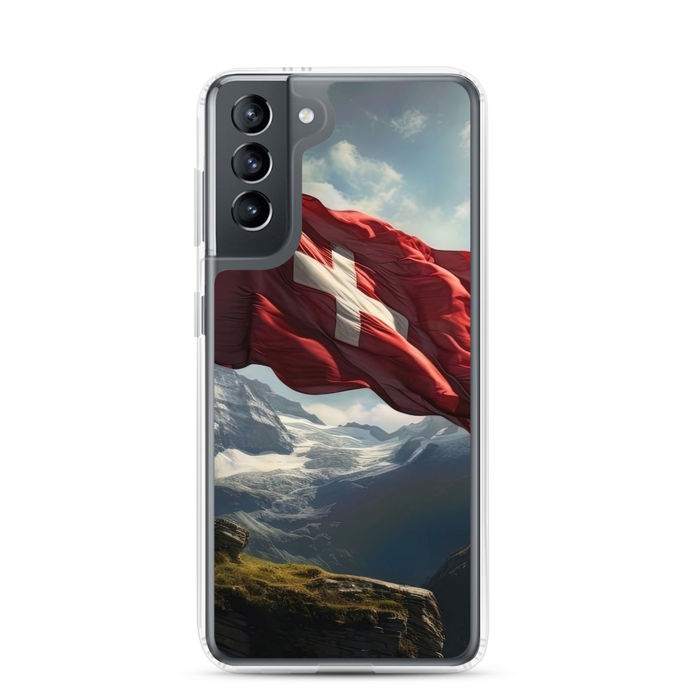Schweizer Flagge und Berge im Hintergrund - Fotorealistische Malerei - Samsung Schutzhülle (durchsichtig) berge xxx Samsung Galaxy S21