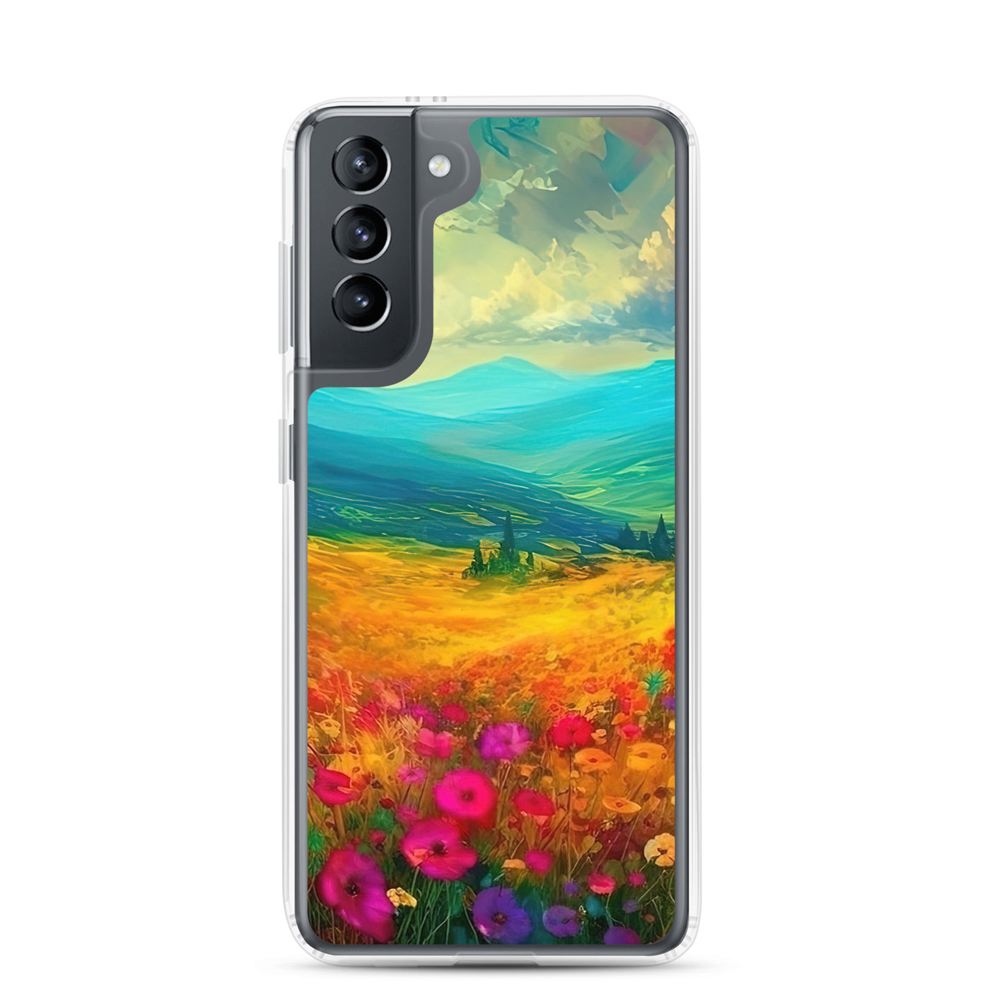 Berglandschaft und schöne farbige Blumen - Malerei - Samsung Schutzhülle (durchsichtig) berge xxx Samsung Galaxy S21