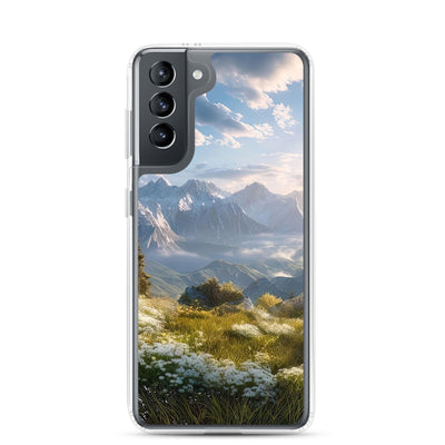 Berglandschaft mit Sonnenschein, Blumen und Bäumen - Malerei - Samsung Schutzhülle (durchsichtig) berge xxx Samsung Galaxy S21