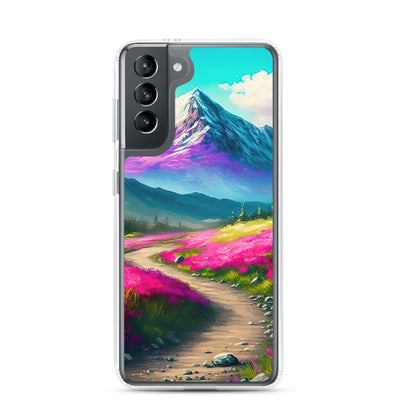 Berg, pinke Blumen und Wanderweg - Landschaftsmalerei - Samsung Schutzhülle (durchsichtig) berge xxx Samsung Galaxy S21