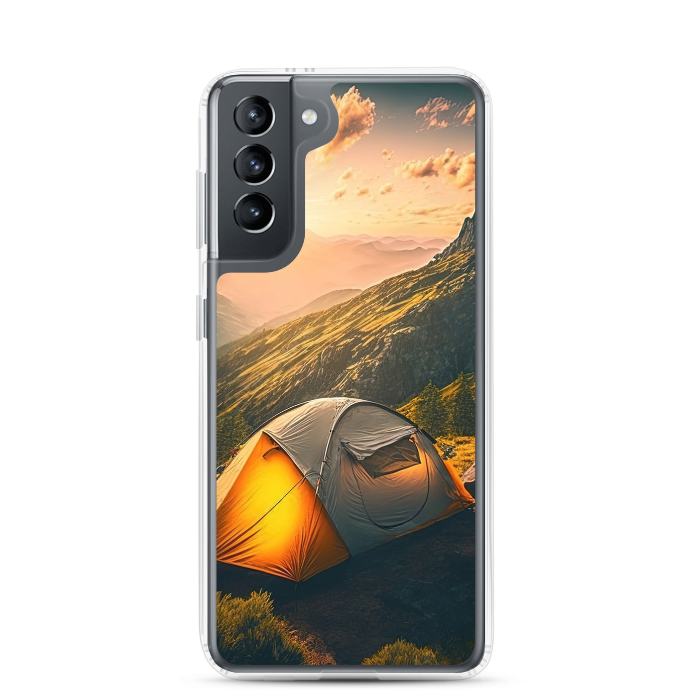 Zelt auf Berg im Sonnenaufgang - Landschafts - Samsung Schutzhülle (durchsichtig) camping xxx Samsung Galaxy S21