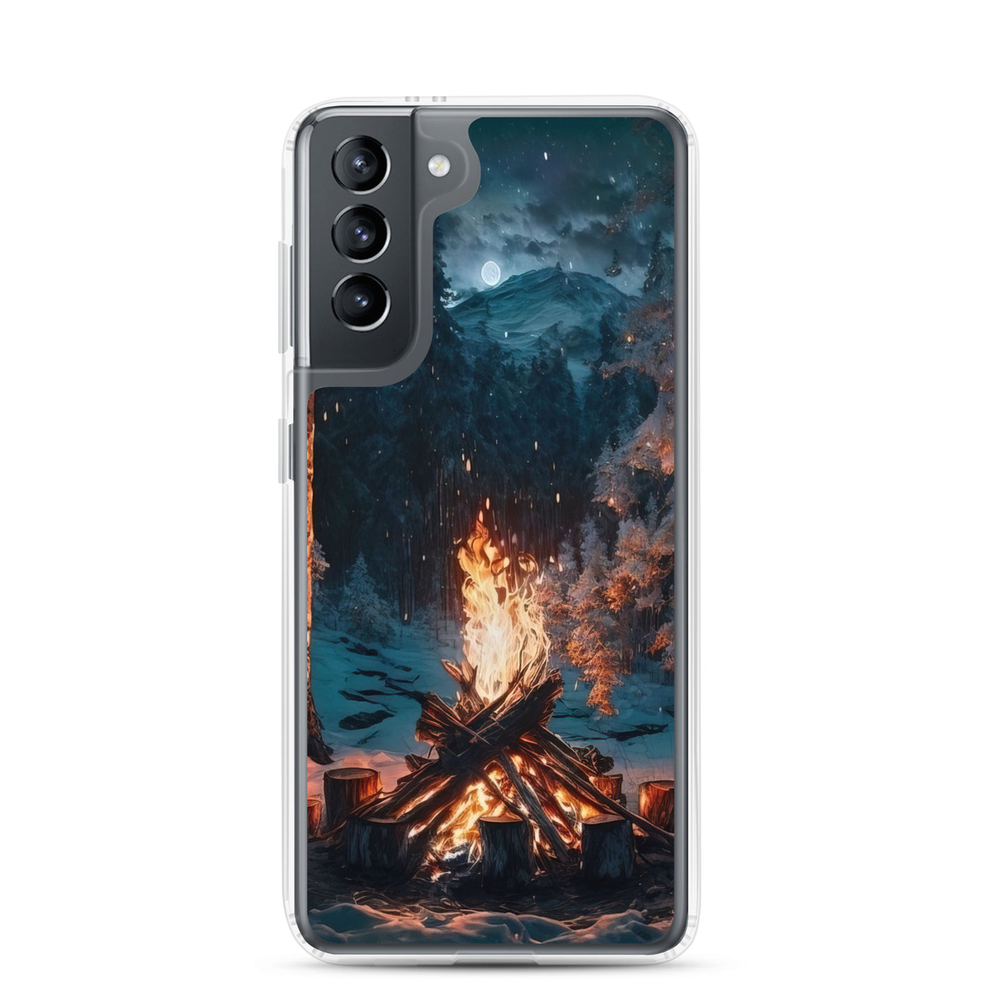Lagerfeuer beim Camping - Wald mit Schneebedeckten Bäumen - Malerei - Samsung Schutzhülle (durchsichtig) camping xxx Samsung Galaxy S21