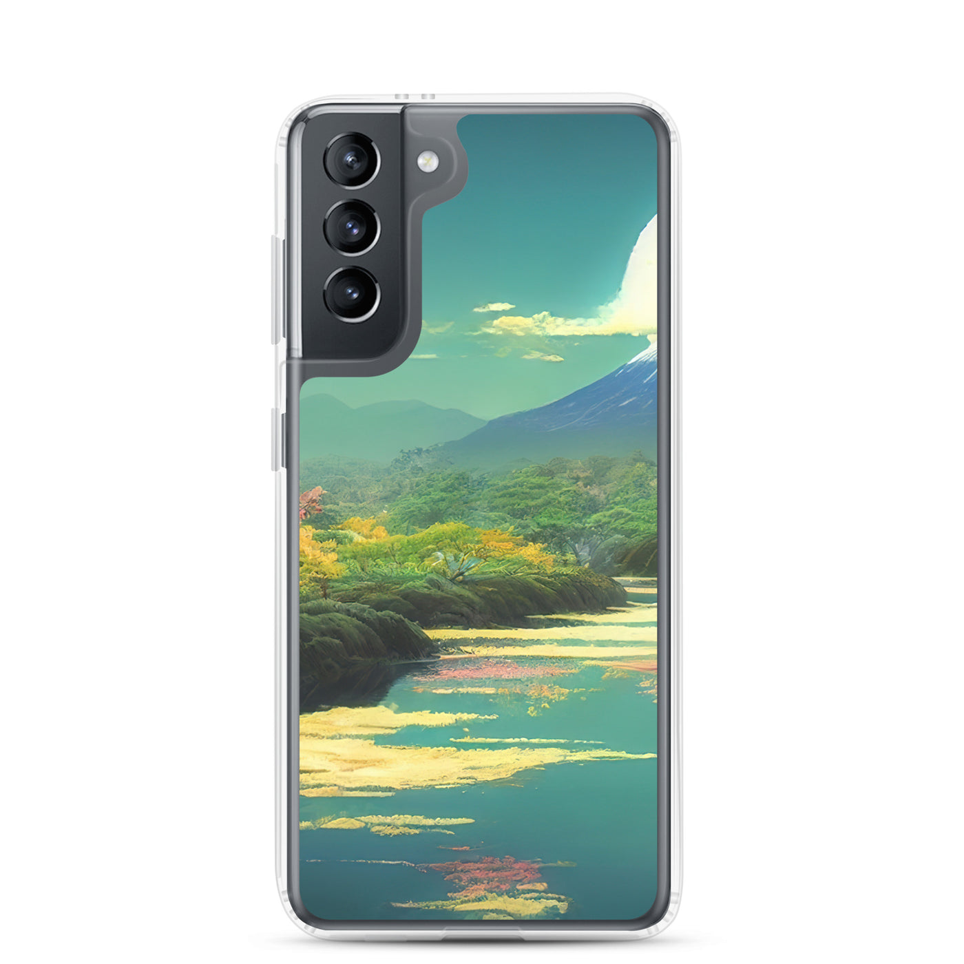 Berg, See und Wald mit pinken Bäumen - Landschaftsmalerei - Samsung Schutzhülle (durchsichtig) berge xxx Samsung Galaxy S21
