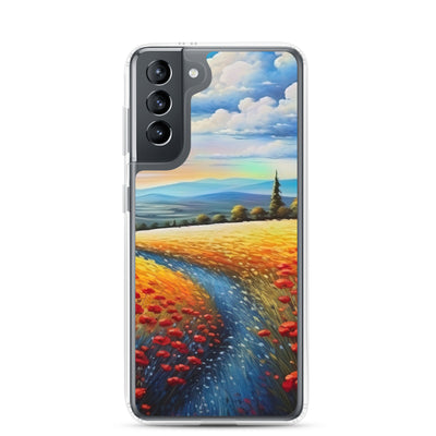Feld mit roten Blumen und Berglandschaft - Landschaftsmalerei - Samsung Schutzhülle (durchsichtig) berge xxx Samsung Galaxy S21