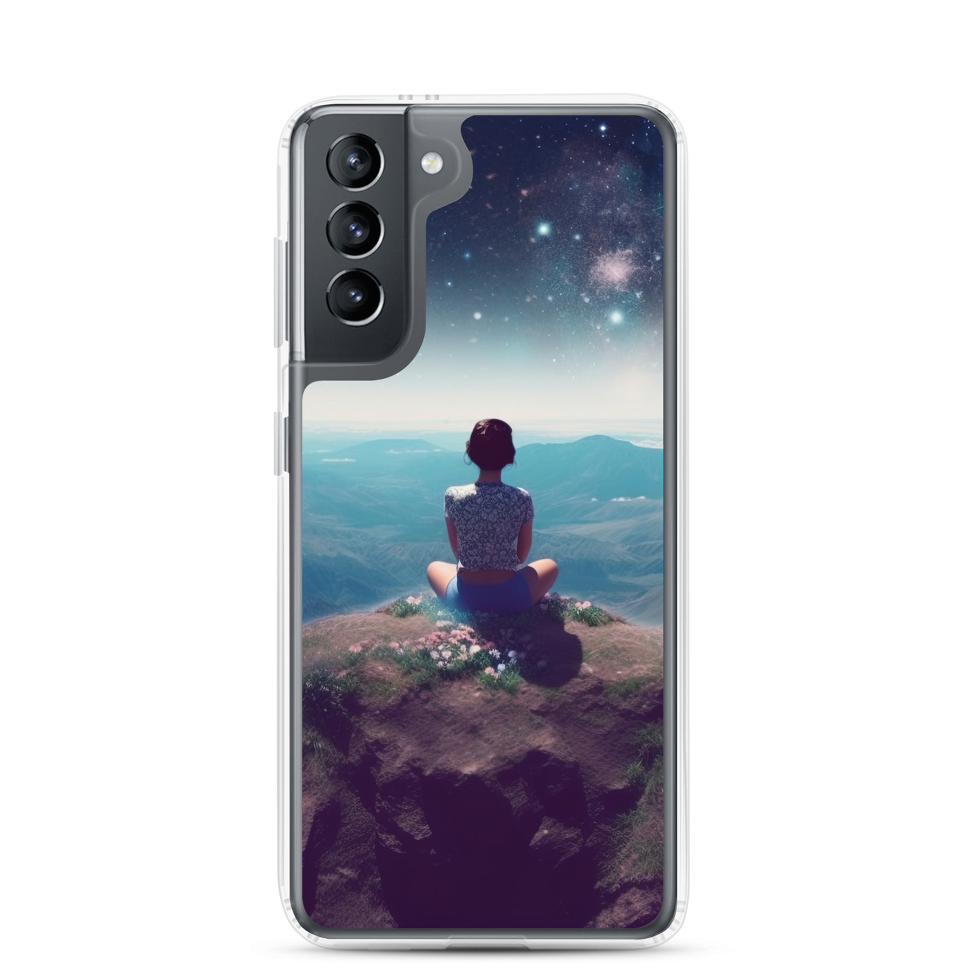 Frau sitzt auf Berg – Cosmos und Sterne im Hintergrund - Landschaftsmalerei - Samsung Schutzhülle (durchsichtig) berge xxx Samsung Galaxy S21