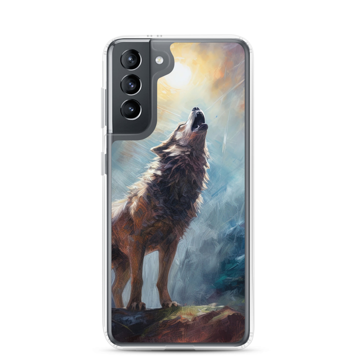 Heulender Wolf auf Berggipfel und Mond im Hintergrund – Abstrakte Malerei - Samsung Schutzhülle (durchsichtig) camping xxx Samsung Galaxy S21