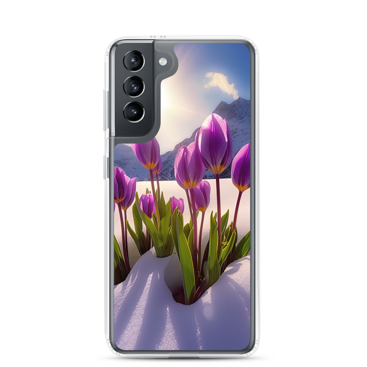 Tulpen im Schnee und in den Bergen - Blumen im Winter - Samsung Schutzhülle (durchsichtig) berge xxx Samsung Galaxy S21