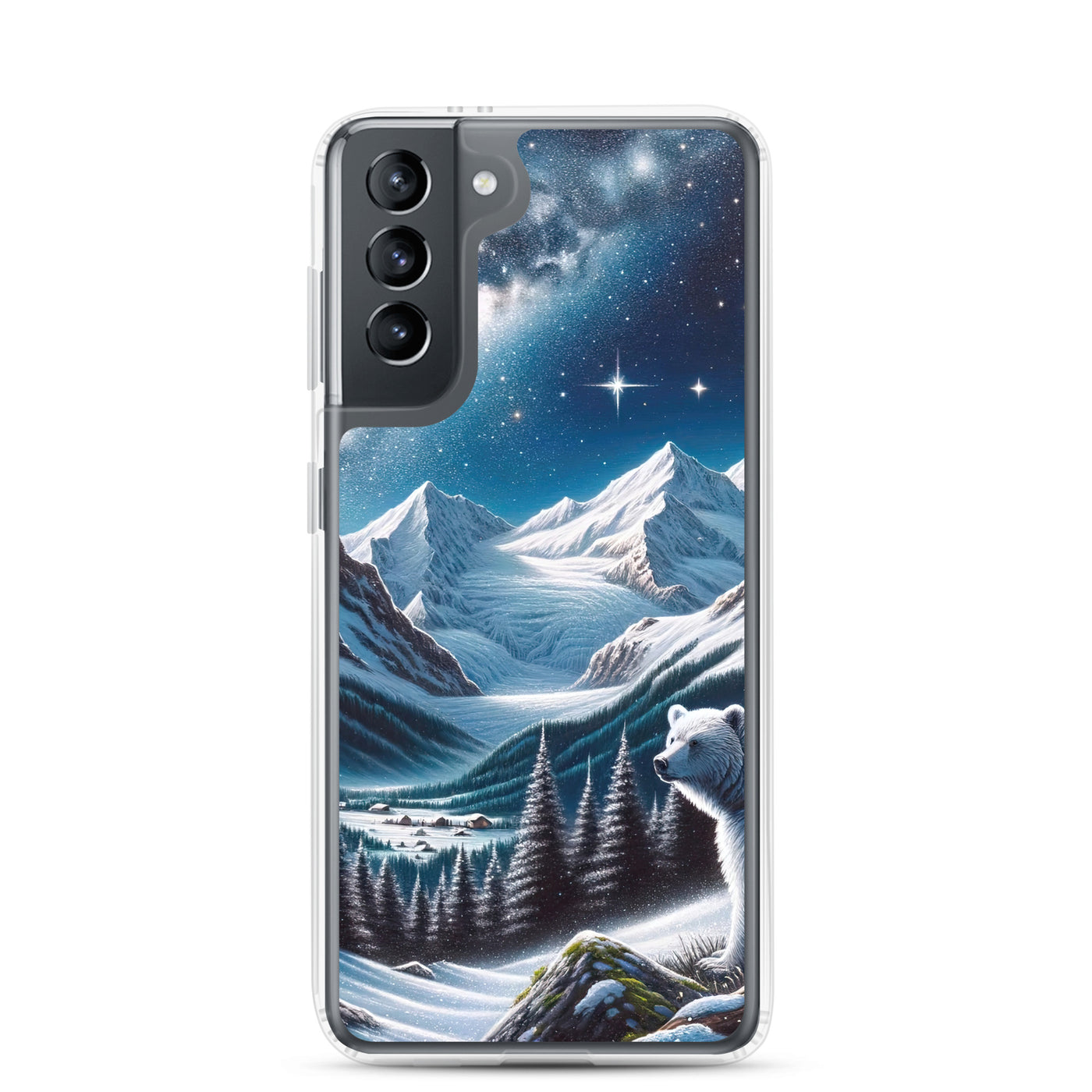 Sternennacht und Eisbär: Acrylgemälde mit Milchstraße, Alpen und schneebedeckte Gipfel - Samsung Schutzhülle (durchsichtig) camping xxx yyy zzz Samsung Galaxy S21
