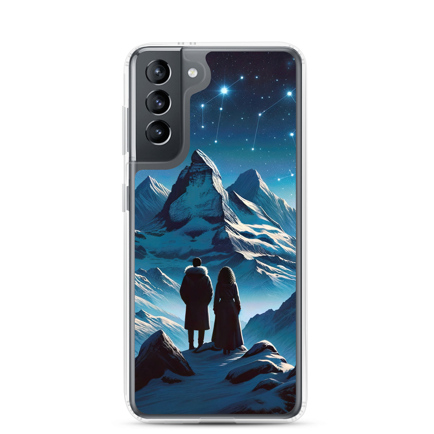 Alpenwinternacht: Digitale Kunst mit Wanderern in Bergen und Sternenhimmel - Samsung Schutzhülle (durchsichtig) wandern xxx yyy zzz Samsung Galaxy S21