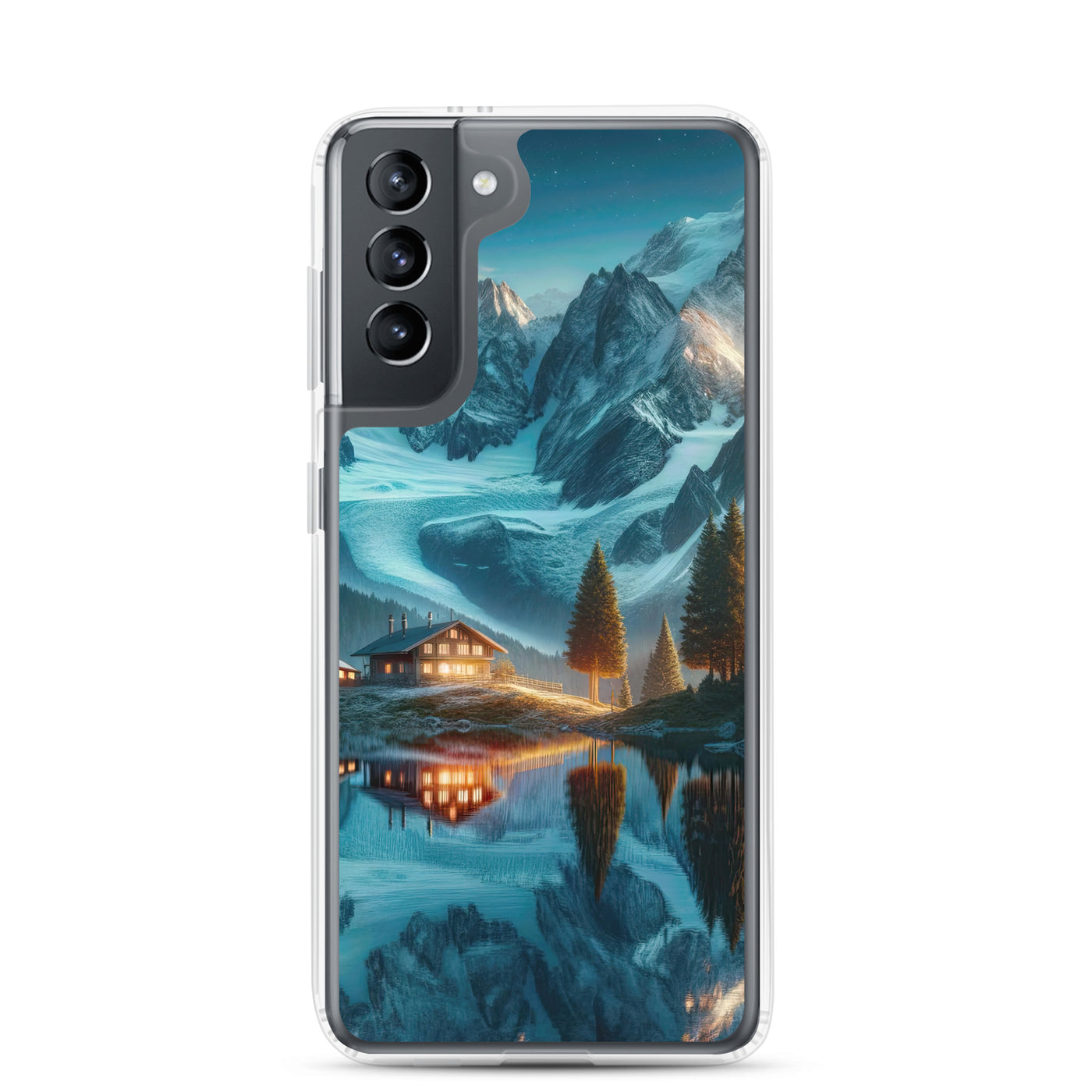 Stille Alpenmajestätik: Digitale Kunst mit Schnee und Bergsee-Spiegelung - Samsung Schutzhülle (durchsichtig) berge xxx yyy zzz Samsung Galaxy S21