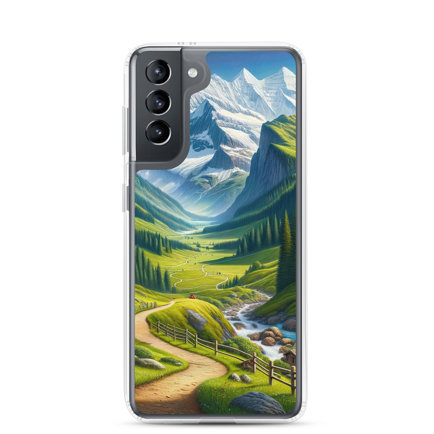 Wanderer in den Bergen und Wald: Digitale Malerei mit grünen kurvenreichen Pfaden - Samsung Schutzhülle (durchsichtig) wandern xxx yyy zzz Samsung Galaxy S21