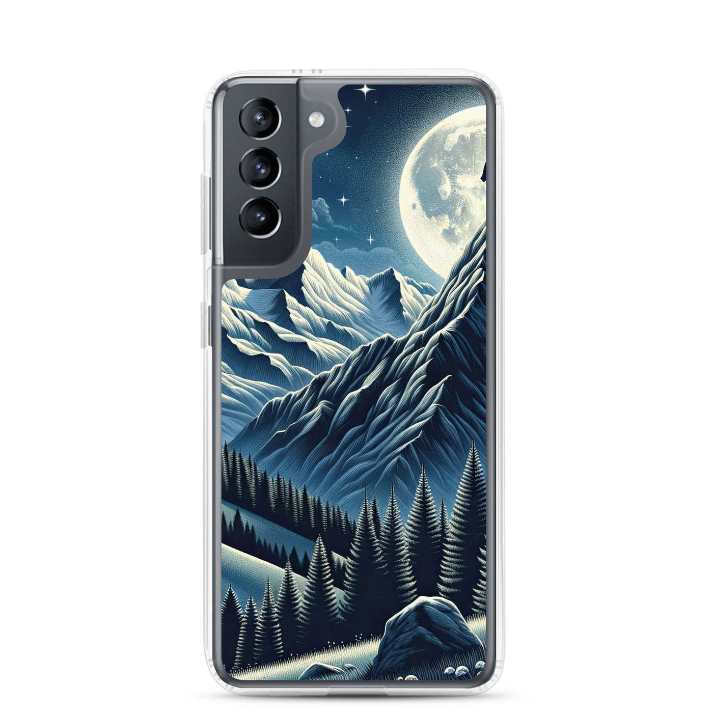Steinbock in Alpennacht, silberne Berge und Sternenhimmel - Samsung Schutzhülle (durchsichtig) berge xxx yyy zzz Samsung Galaxy S21