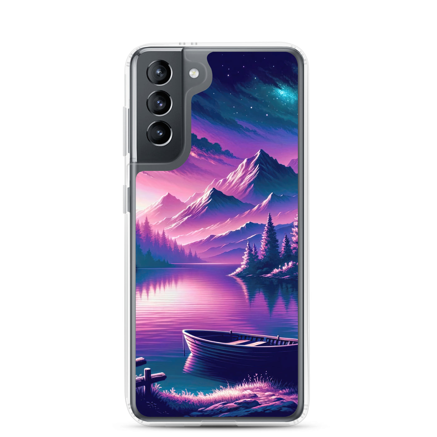 Magische Alpen-Dämmerung, rosa-lila Himmel und Bergsee mit Boot - Samsung Schutzhülle (durchsichtig) berge xxx yyy zzz Samsung Galaxy S21