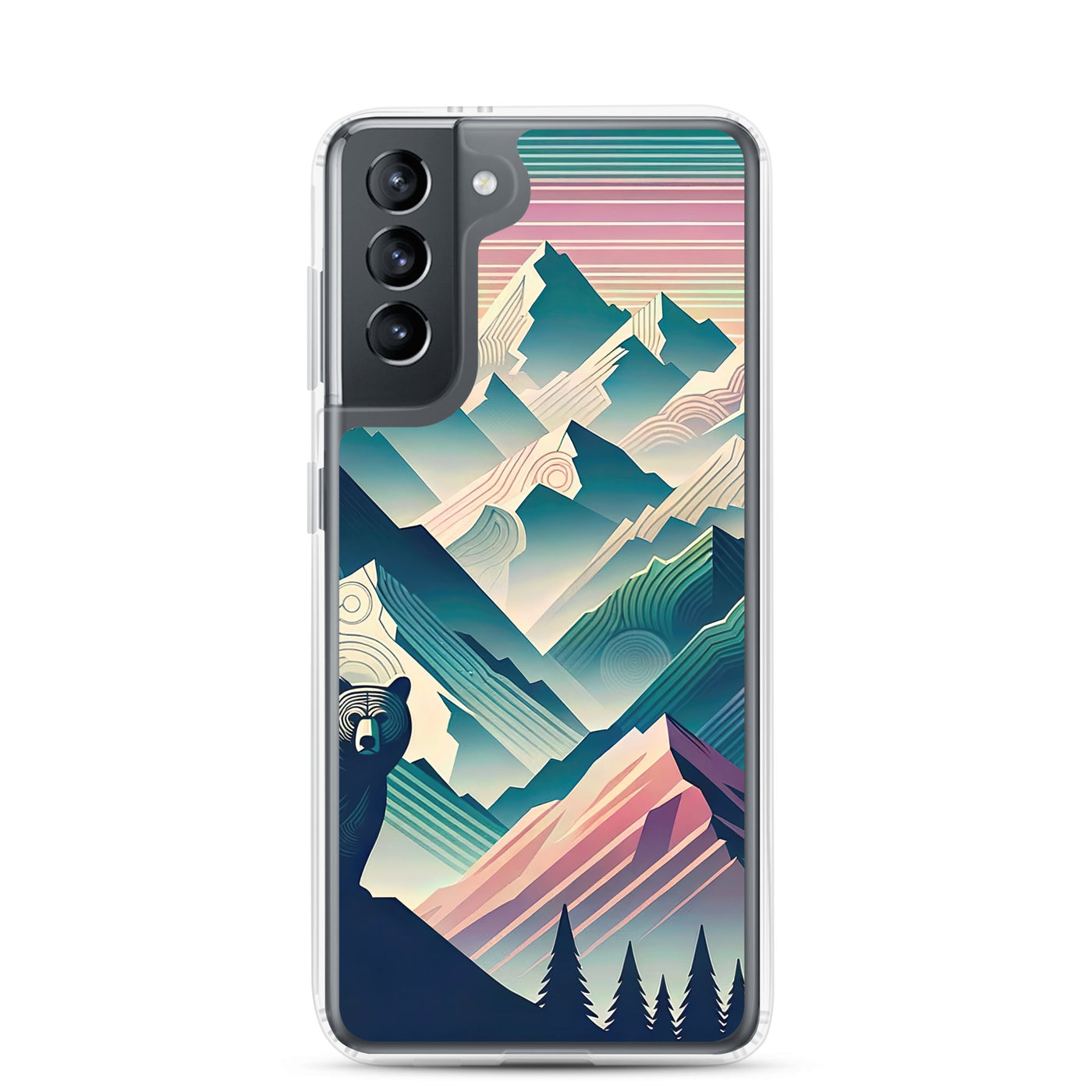 Bär im Panoramablick der Alpen, moderne Kunst-Gebirgsschichten - Samsung Schutzhülle (durchsichtig) camping xxx yyy zzz Samsung Galaxy S21