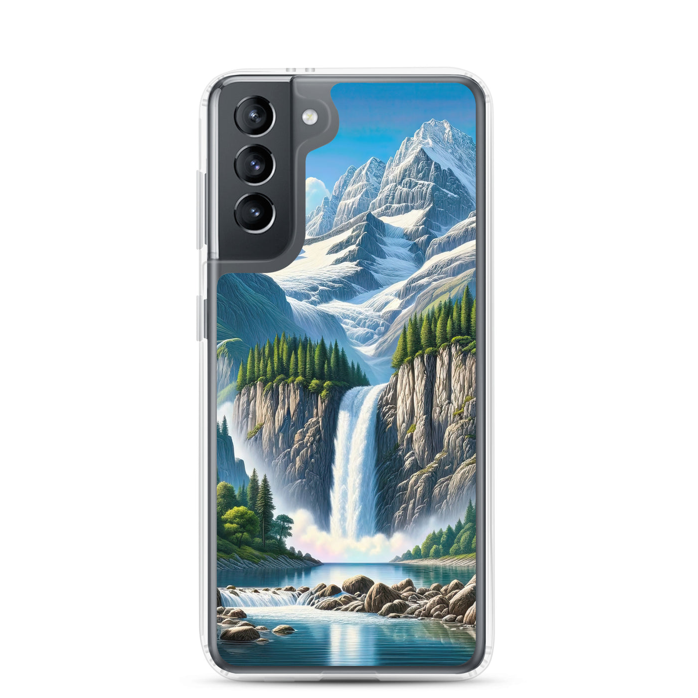 Illustration einer unberührten Alpenkulisse im Hochsommer. Wasserfall und See - Samsung Schutzhülle (durchsichtig) berge xxx yyy zzz Samsung Galaxy S21