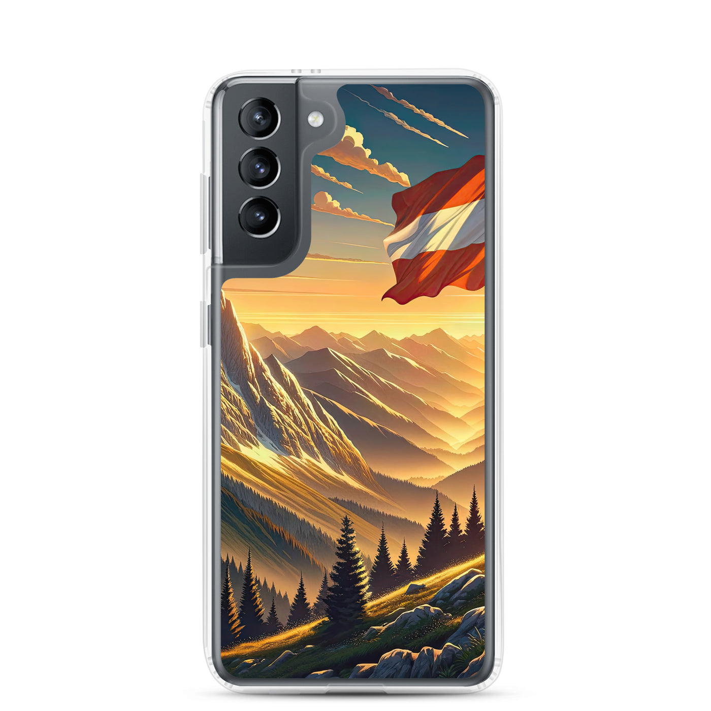 Ruhiger Alpenabend mit österreichischer Flagge und goldenem Sonnenuntergang - Samsung Schutzhülle (durchsichtig) berge xxx yyy zzz Samsung Galaxy S21