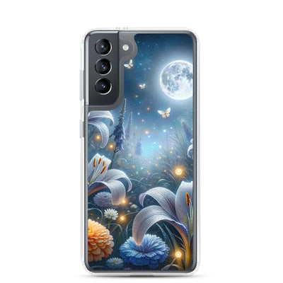 Ätherische Mondnacht auf blühender Wiese, silbriger Blumenglanz - Samsung Schutzhülle (durchsichtig) camping xxx yyy zzz Samsung Galaxy S21
