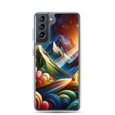 Abstrakte Bergwelt in lebendigen Farben mit Zelt - Samsung Schutzhülle (durchsichtig) camping xxx yyy zzz Samsung Galaxy S21