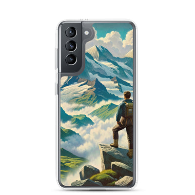 Panoramablick der Alpen mit Wanderer auf einem Hügel und schroffen Gipfeln - Samsung Schutzhülle (durchsichtig) wandern xxx yyy zzz Samsung Galaxy S21