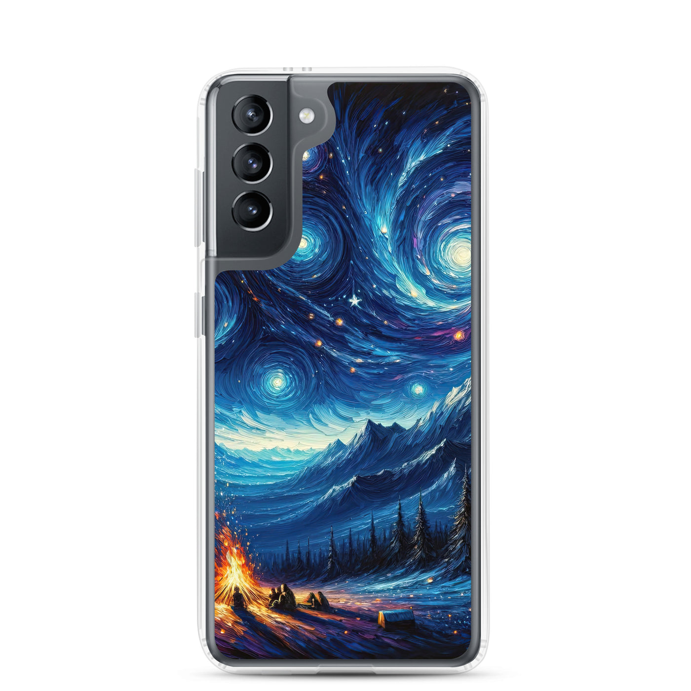 Sternennacht über den Alpen inspiriertes Ölgemälde, mystischer Nachthimmel in Blau - Samsung Schutzhülle (durchsichtig) camping xxx yyy zzz Samsung Galaxy S21