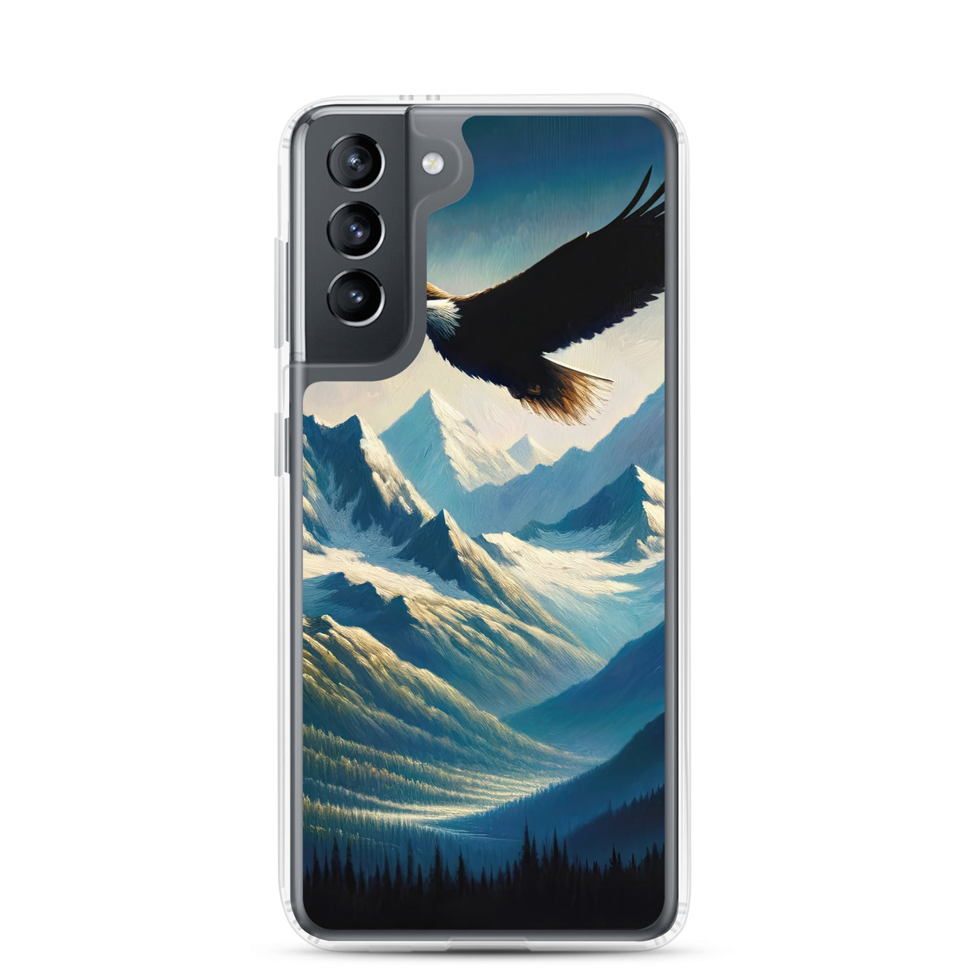 Ölgemälde eines Adlers vor schneebedeckten Bergsilhouetten - Samsung Schutzhülle (durchsichtig) berge xxx yyy zzz Samsung Galaxy S21