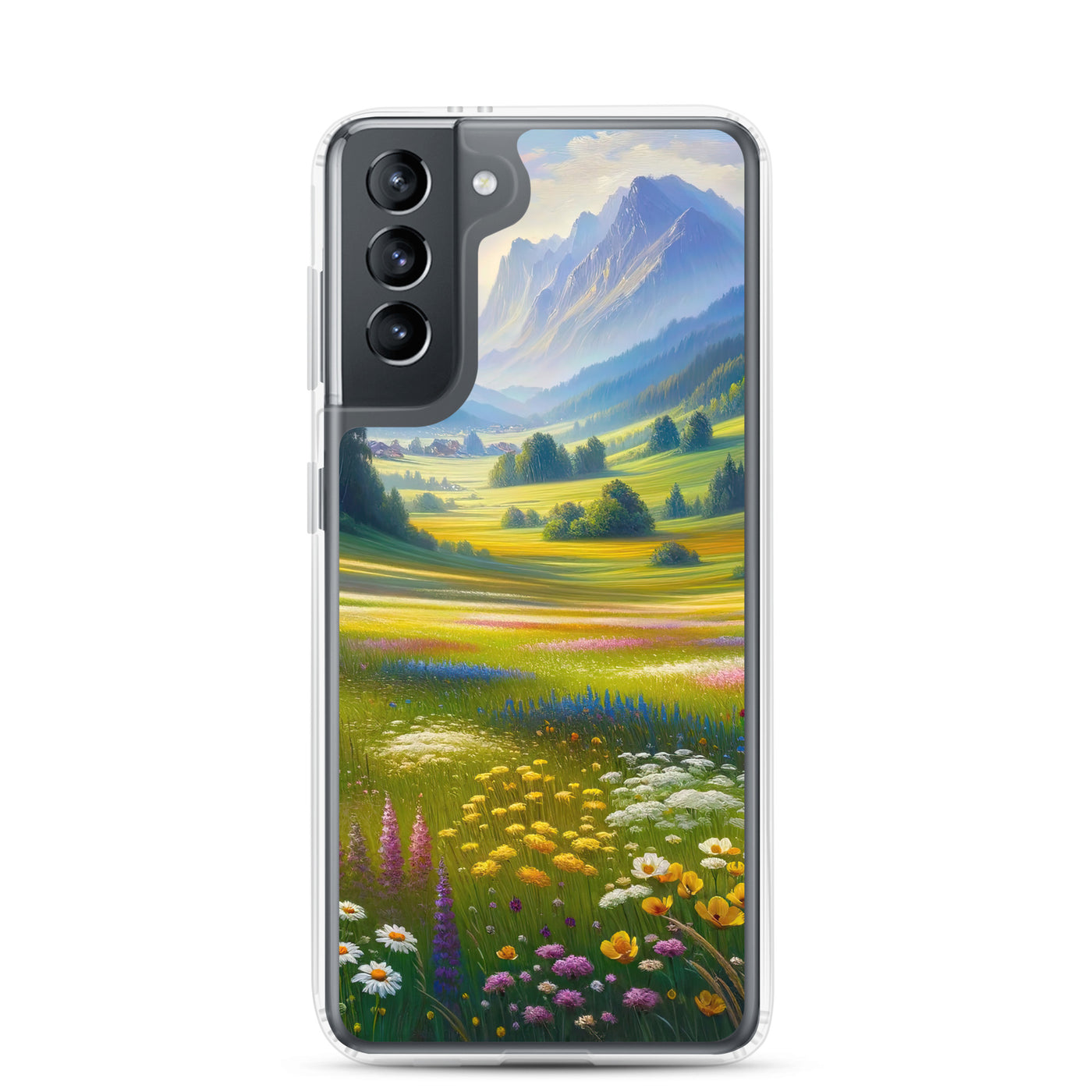 Ölgemälde einer Almwiese, Meer aus Wildblumen in Gelb- und Lilatönen - Samsung Schutzhülle (durchsichtig) berge xxx yyy zzz Samsung Galaxy S21