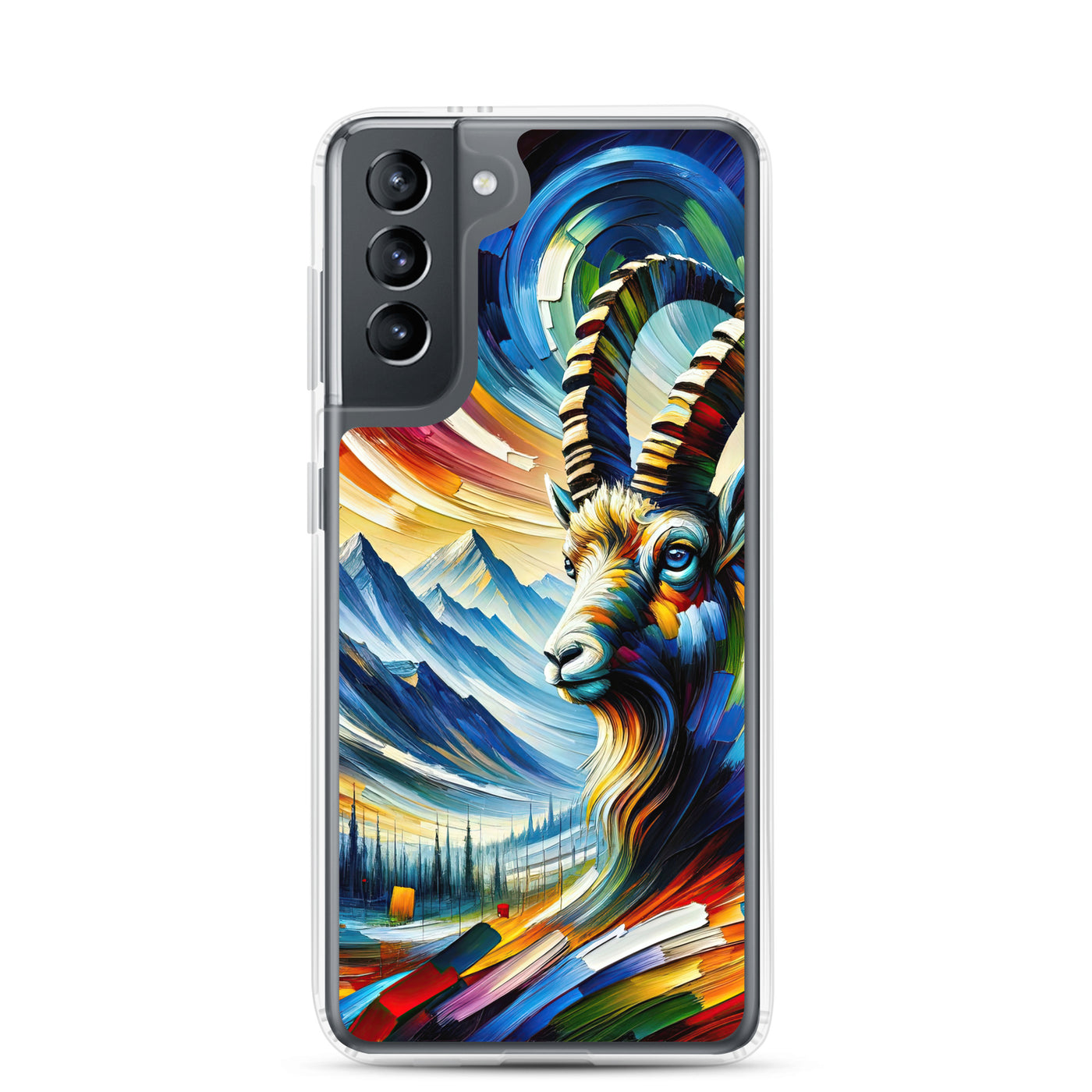 Alpen-Ölgemälde mit kräftigen Farben und Bergsteinbock in lebendiger Szenerie - Samsung Schutzhülle (durchsichtig) berge xxx yyy zzz Samsung Galaxy S21