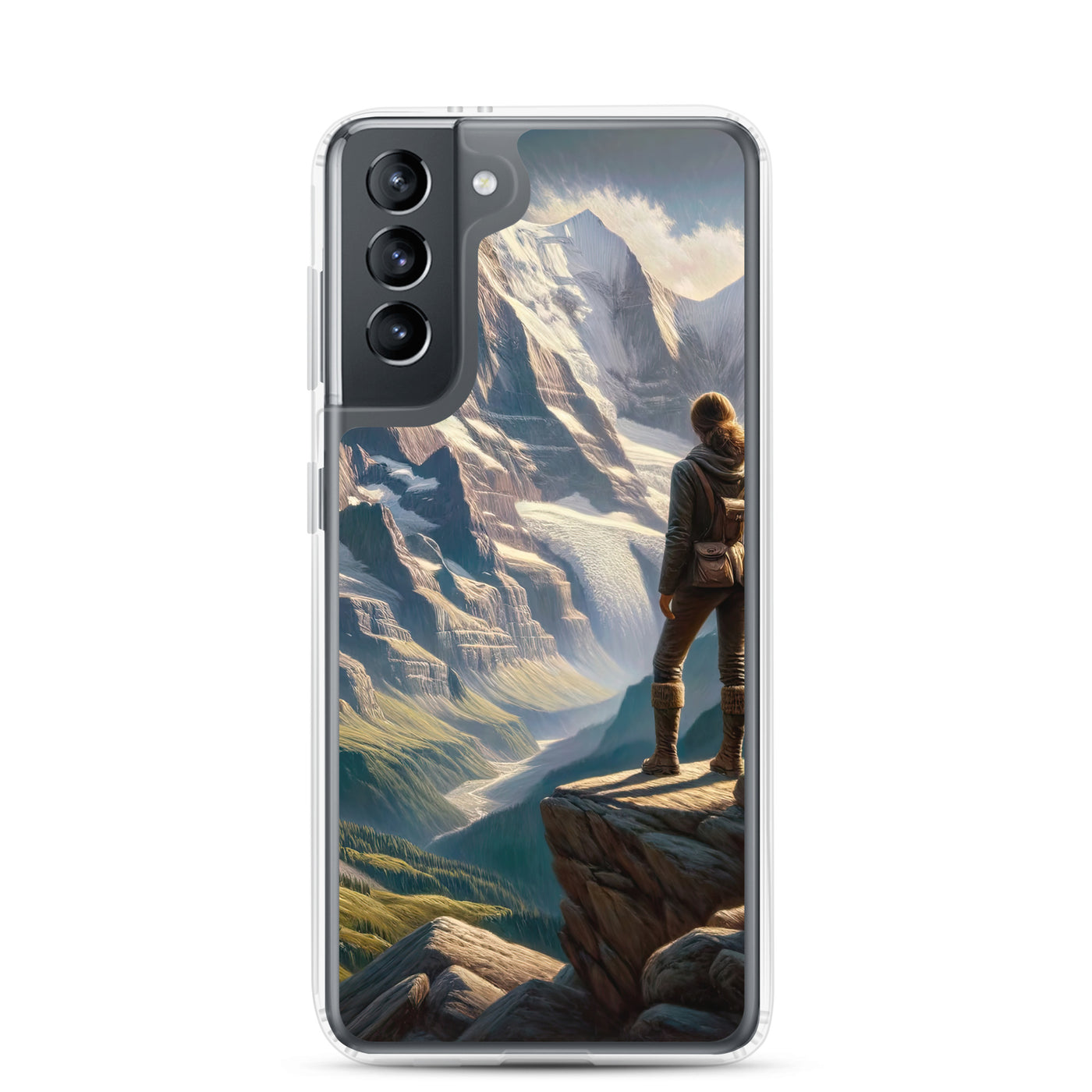 Ölgemälde der Alpengipfel mit Schweizer Abenteurerin auf Felsvorsprung - Samsung Schutzhülle (durchsichtig) wandern xxx yyy zzz Samsung Galaxy S21