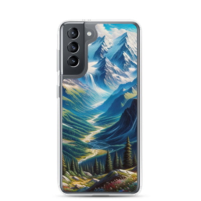 Panorama-Ölgemälde der Alpen mit schneebedeckten Gipfeln und schlängelnden Flusstälern - Samsung Schutzhülle (durchsichtig) berge xxx yyy zzz Samsung Galaxy S21