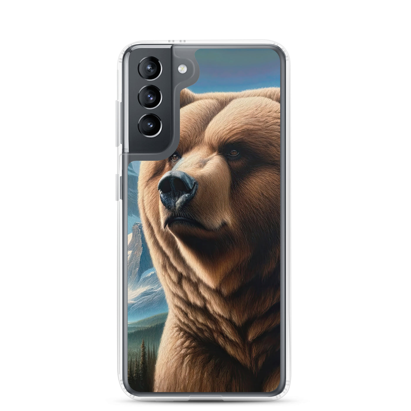 Realistisches Ölgemälde eines männlichen Bären in den Bergen mit Fokus auf Stärke und Schärfe - Samsung Schutzhülle (durchsichtig) camping xxx yyy zzz Samsung Galaxy S21