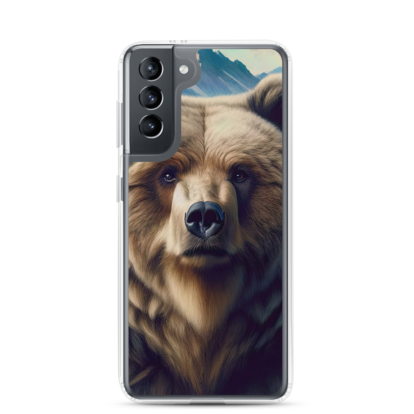 Foto eines Bären vor abstrakt gemalten Alpenbergen, Oberkörper im Fokus - Samsung Schutzhülle (durchsichtig) camping xxx yyy zzz Samsung Galaxy S21