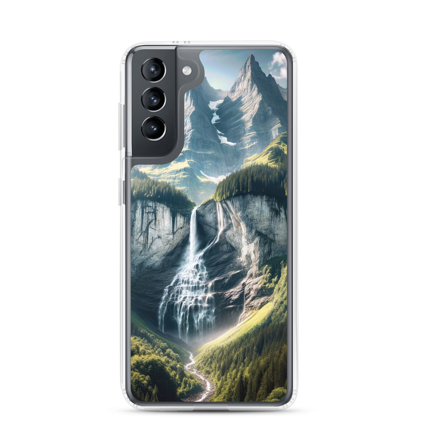Foto der sommerlichen Alpen mit üppigen Gipfeln und Wasserfall - Samsung Schutzhülle (durchsichtig) berge xxx yyy zzz Samsung Galaxy S21