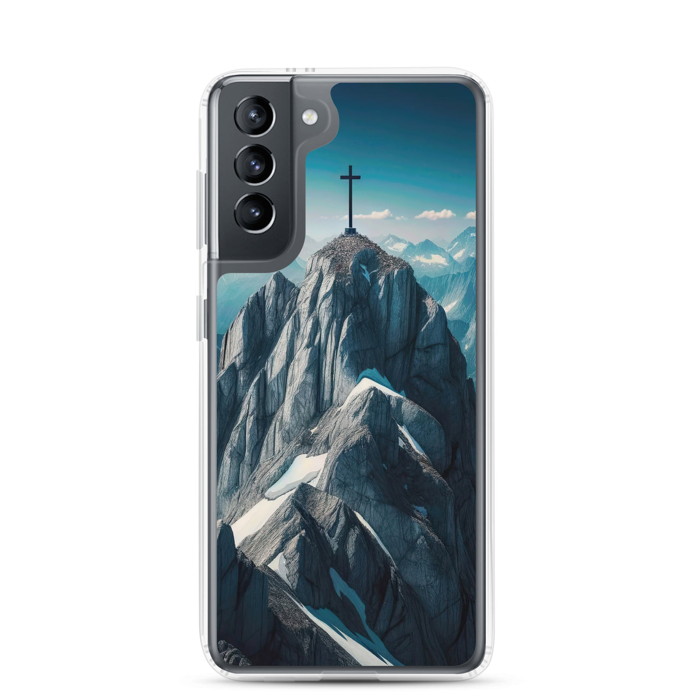 Foto der Alpen mit Gipfelkreuz an einem klaren Tag, schneebedeckte Spitzen vor blauem Himmel - Samsung Schutzhülle (durchsichtig) berge xxx yyy zzz Samsung Galaxy S21