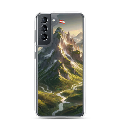 Fotorealistisches Bild der Alpen mit österreichischer Flagge, scharfen Gipfeln und grünen Tälern - Samsung Schutzhülle (durchsichtig) berge xxx yyy zzz Samsung Galaxy S21