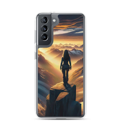 Fotorealistische Darstellung der Alpen bei Sonnenaufgang, Wanderin unter einem gold-purpurnen Himmel - Samsung Schutzhülle (durchsichtig) wandern xxx yyy zzz Samsung Galaxy S21