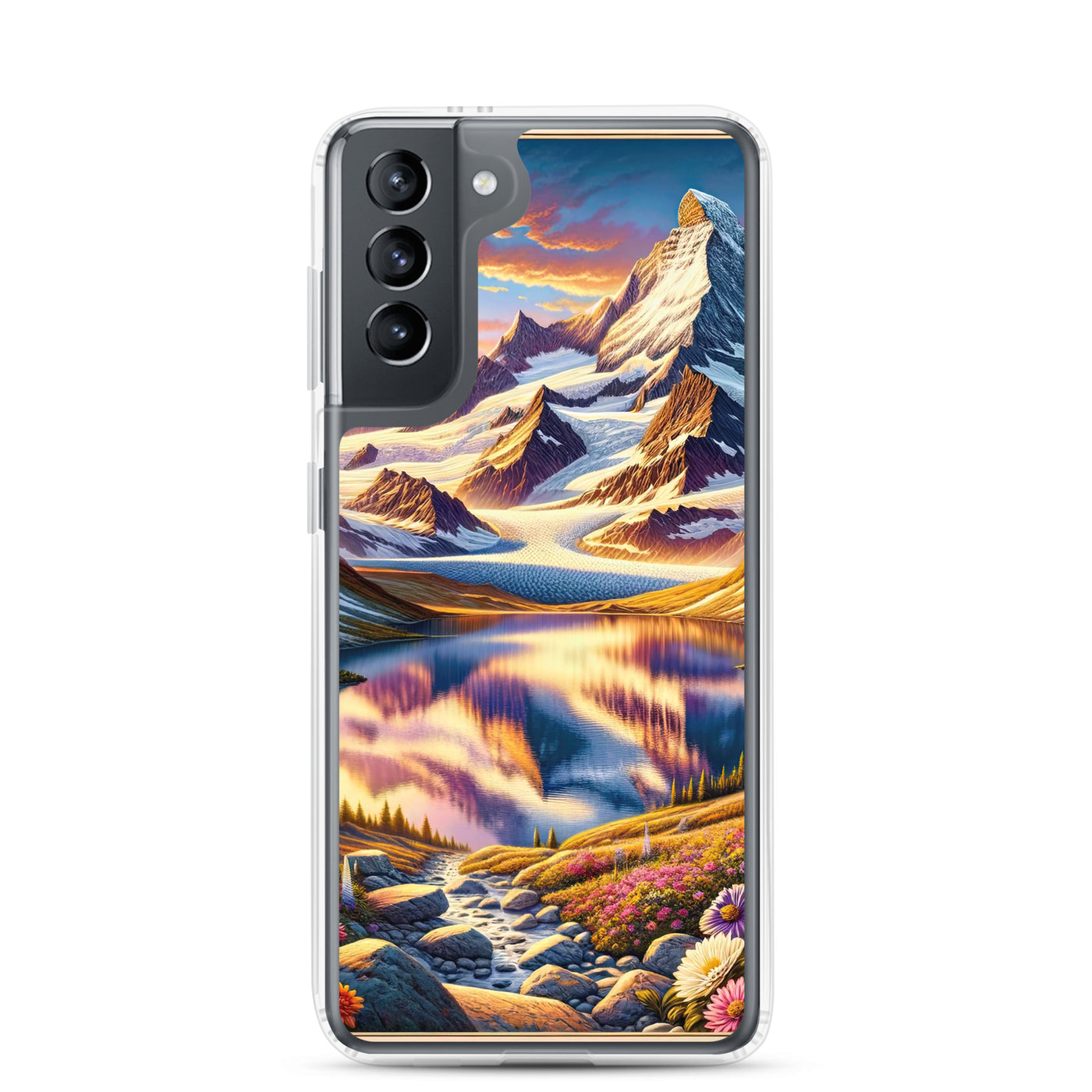 Quadratische Illustration der Alpen mit schneebedeckten Gipfeln und Wildblumen - Samsung Schutzhülle (durchsichtig) berge xxx yyy zzz Samsung Galaxy S21