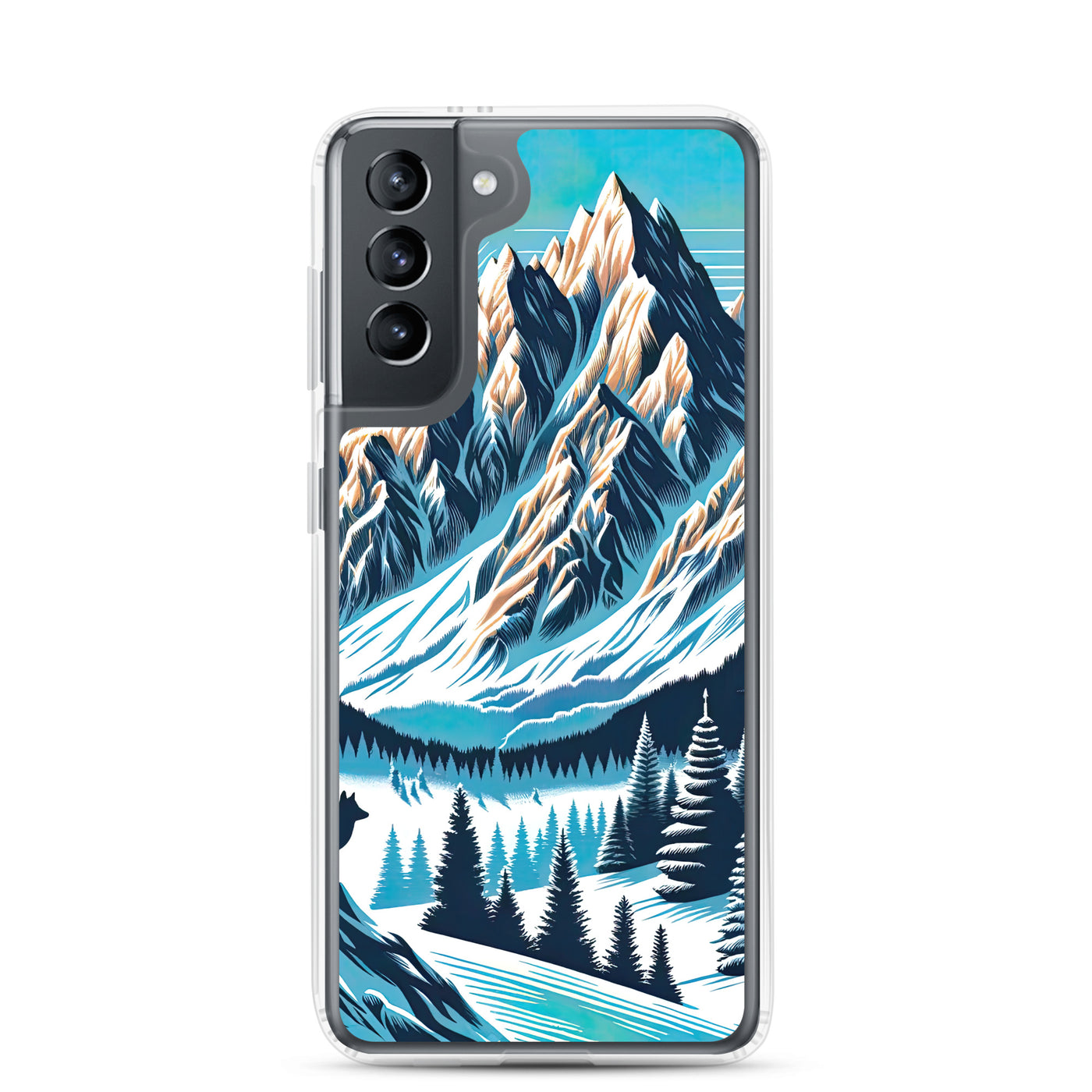 Vektorgrafik eines Wolfes im winterlichen Alpenmorgen, Berge mit Schnee- und Felsmustern - Samsung Schutzhülle (durchsichtig) berge xxx yyy zzz Samsung Galaxy S21