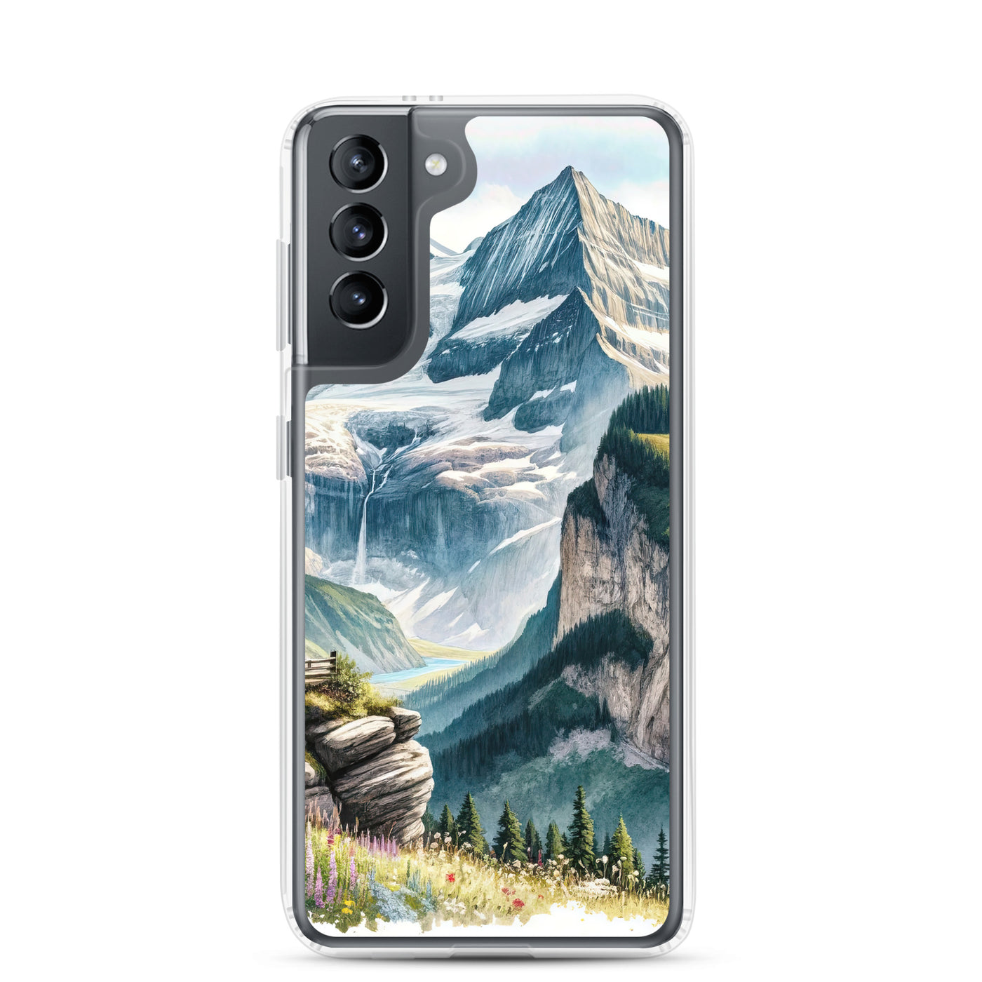 Aquarell-Panoramablick der Alpen mit schneebedeckten Gipfeln, Wasserfällen und Wanderern - Samsung Schutzhülle (durchsichtig) wandern xxx yyy zzz Samsung Galaxy S21