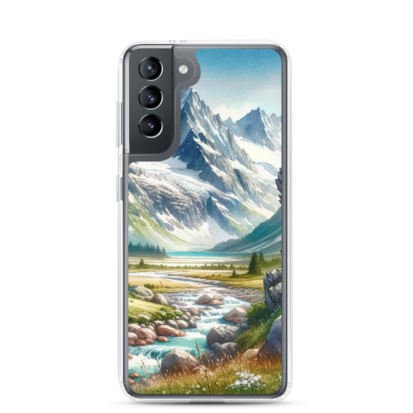 Aquarellmalerei eines Bären und der sommerlichen Alpenschönheit mit schneebedeckten Ketten - Samsung Schutzhülle (durchsichtig) camping xxx yyy zzz Samsung Galaxy S21