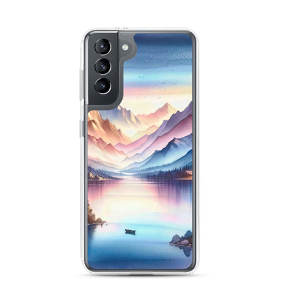 Aquarell einer Dämmerung in den Alpen, Boot auf einem See in Pastell-Licht - Samsung Schutzhülle (durchsichtig) berge xxx yyy zzz Samsung Galaxy S21
