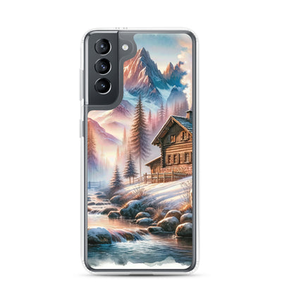 Aquarell einer Alpenszene im Morgengrauen, Haus in den Bergen - Samsung Schutzhülle (durchsichtig) berge xxx yyy zzz Samsung Galaxy S21