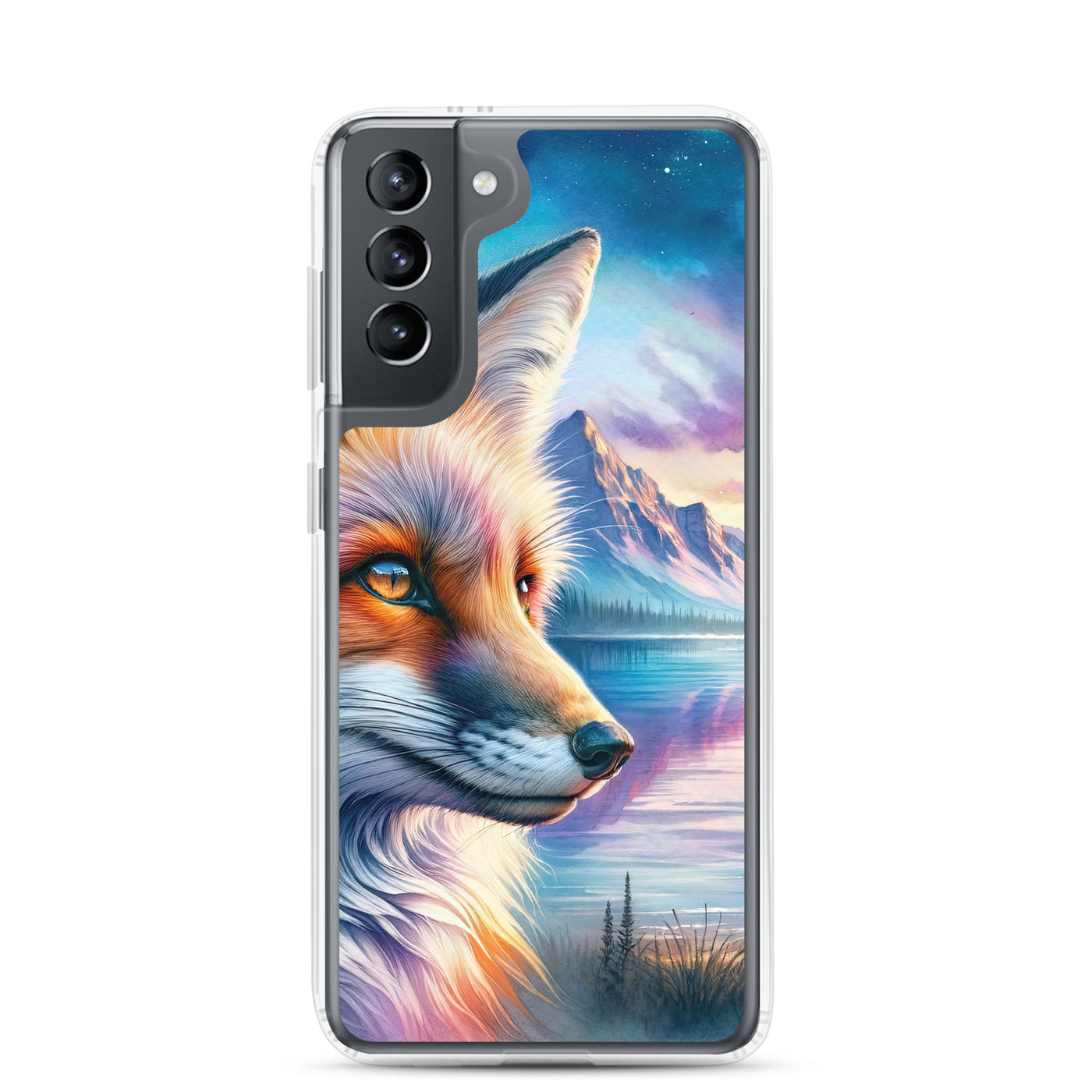 Aquarellporträt eines Fuchses im Dämmerlicht am Bergsee - Samsung Schutzhülle (durchsichtig) camping xxx yyy zzz Samsung Galaxy S21