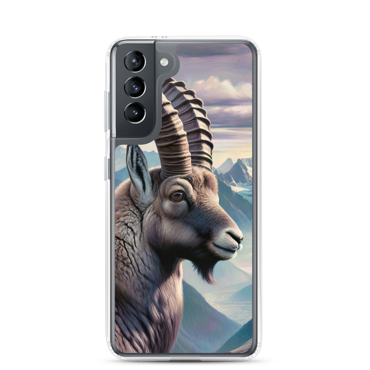 Digitales Steinbock-Porträt vor Alpenkulisse - Samsung Schutzhülle (durchsichtig) berge xxx yyy zzz Samsung Galaxy S21