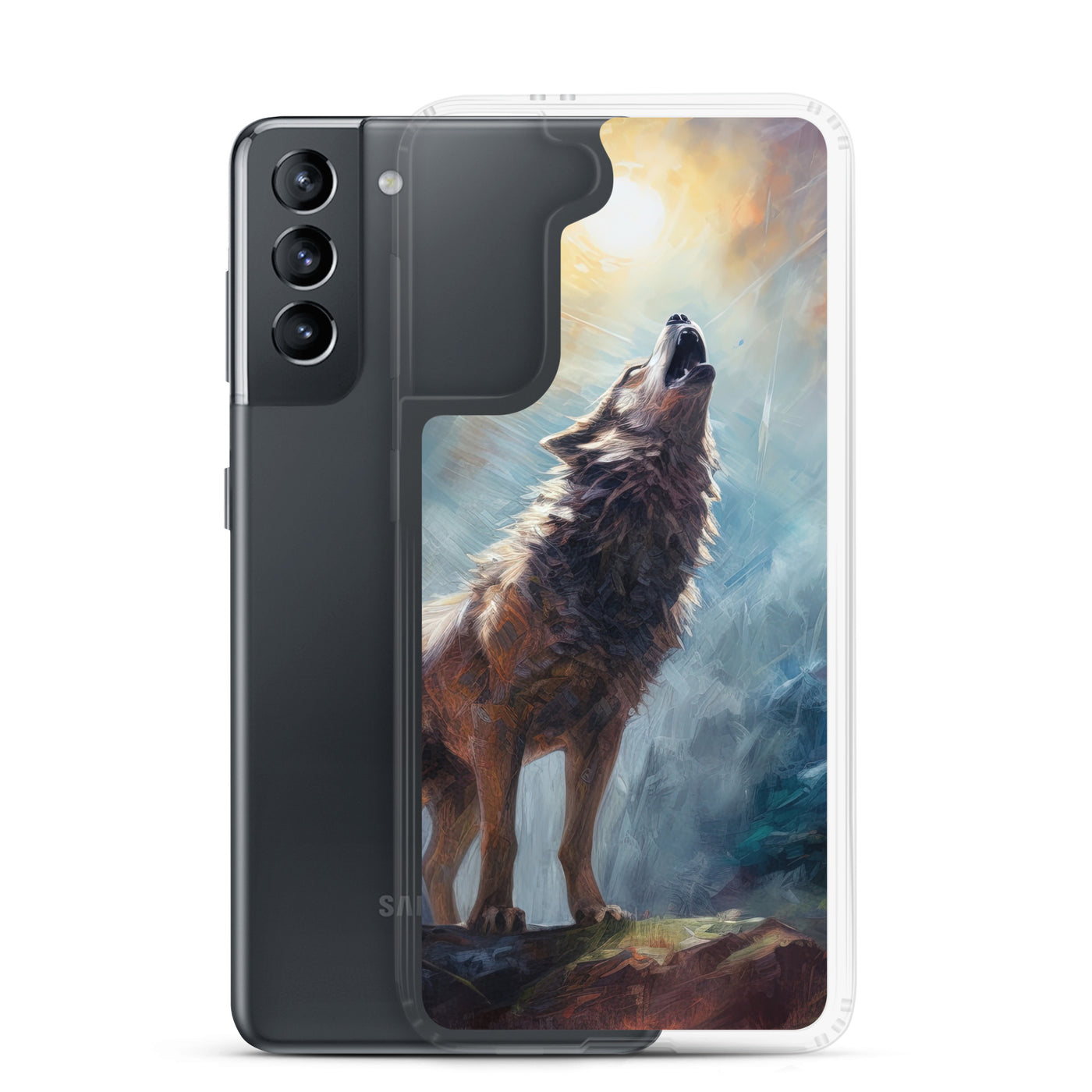 Heulender Wolf auf Berggipfel und Mond im Hintergrund – Abstrakte Malerei - Samsung Schutzhülle (durchsichtig) camping xxx