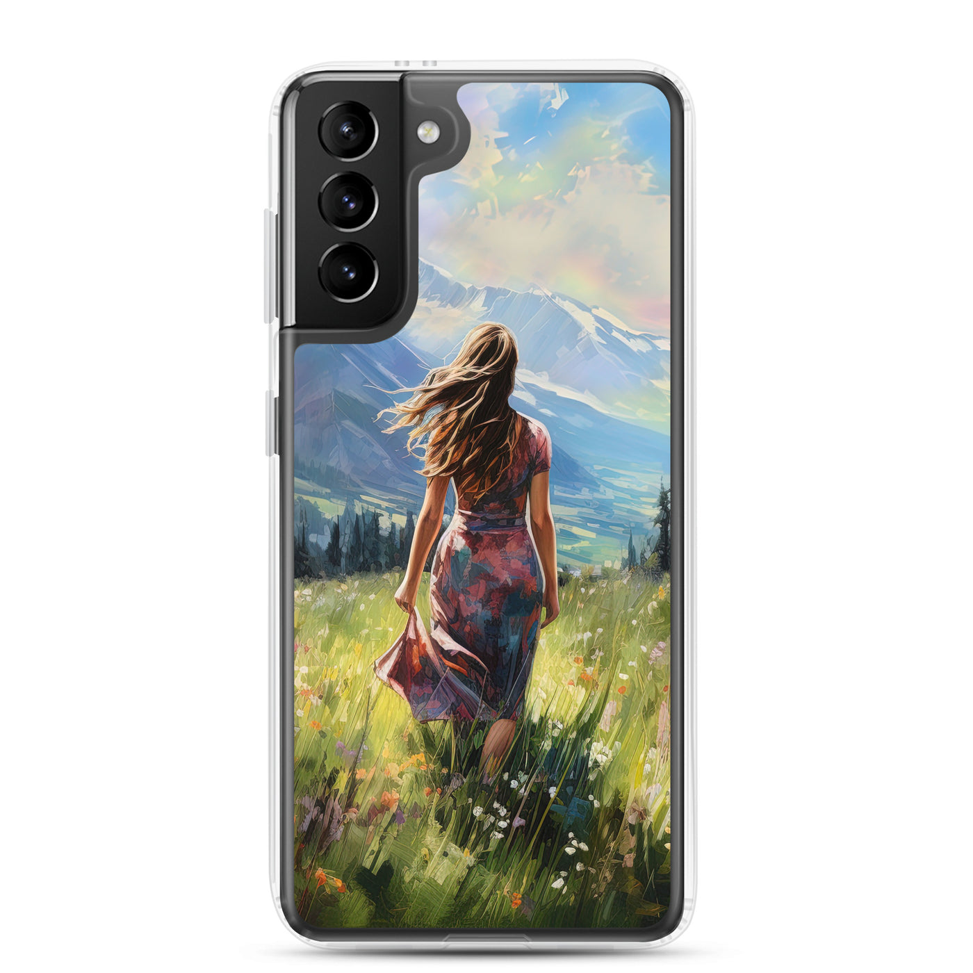 Frau mit langen Kleid im Feld mit Blumen - Berge im Hintergrund - Malerei - Samsung Schutzhülle (durchsichtig) berge xxx Samsung Galaxy S21 Plus