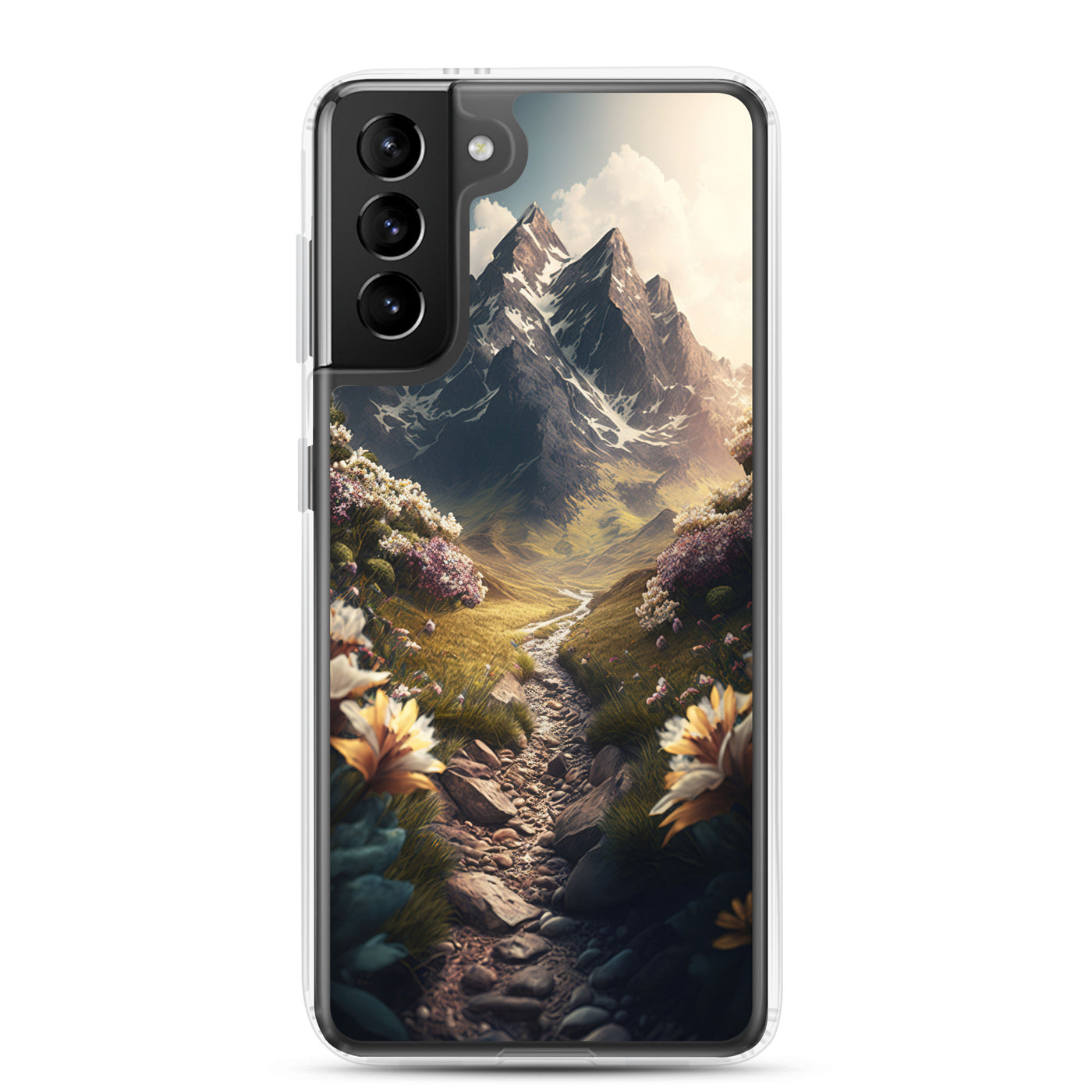 Epischer Berg, steiniger Weg und Blumen - Realistische Malerei - Samsung Schutzhülle (durchsichtig) berge xxx Samsung Galaxy S21 Plus